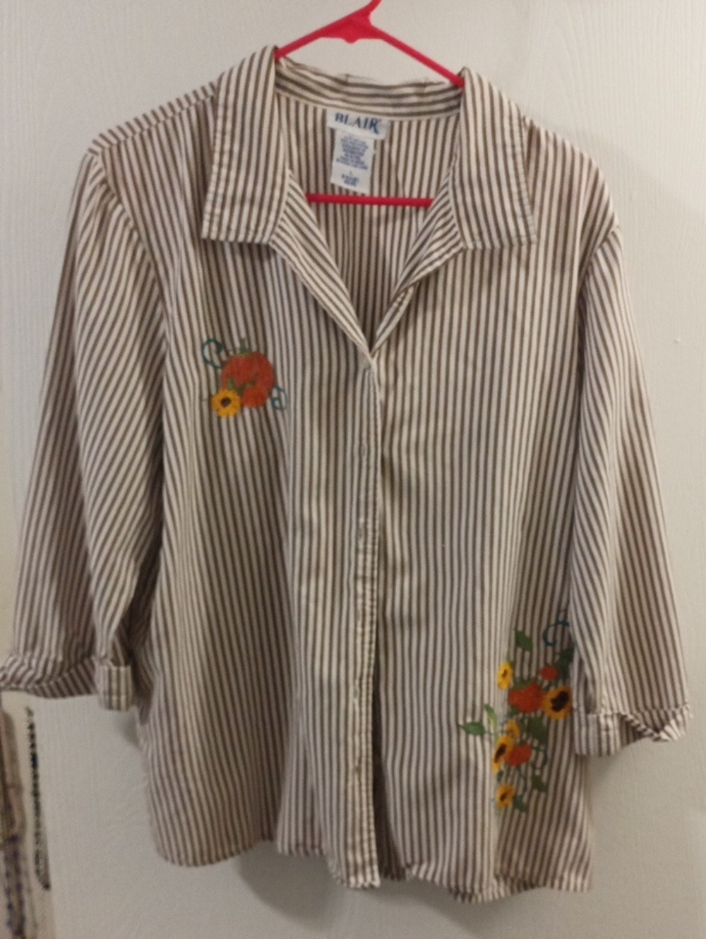Blair Striped Button-Down Shirt with Floral Embroidery - Cream & Brown
